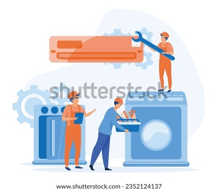 Repair and maintenance concept.Happy servicemen repairing machines at home. flat vector modern illustration  