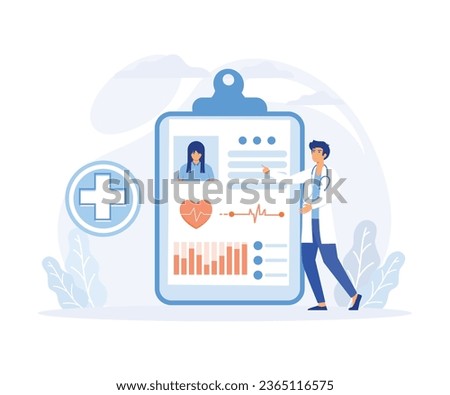 Health record concept, Tablet with patient's photo, history or profile, information for diagnoses, flat vector modern illustration 