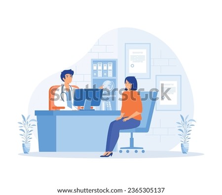 Medical Consultation concept, Practitioner doctor man and young woman patient in hospital medical office, flat vector modern illustration  