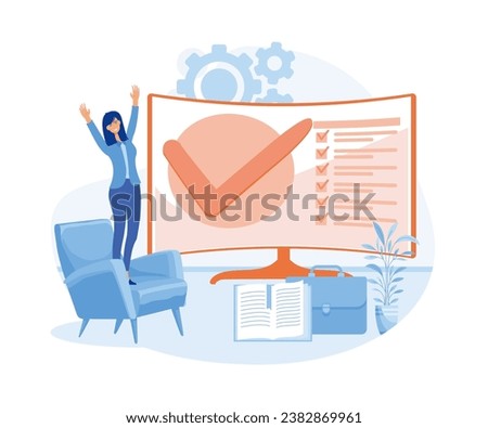 Happy woman and desktop with checkmark sign. Task completed or finished work concept. flat vector modern illustration