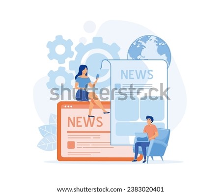 Reading latest or hot news online on smartphone or laptop, business young men and women use news application on mobile phones and laptop, flat vector modern illustration