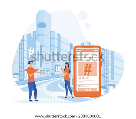Hash sign big symbol. Hashtag and young people using social media, websites and smartphone applications. flat vector modern illustration