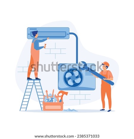 Air Conditioner Repair or Installation Illustration with Unit Breakdown, Maintenance Service, Cooling System. flat vector modern illustration 