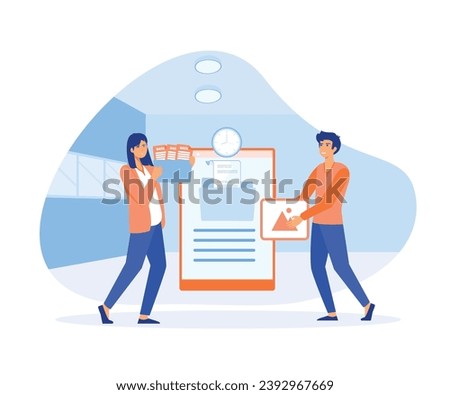 Man and woman office worker adds file to big folder. Database, searching info, storage and indexing of information.  flat vector modern illustration 