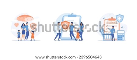 Health and life insurance concept,  Doctor and Patients in Hospital filling Health, Man fills out health insurance. Health Insurance set flat vector modern illustration 