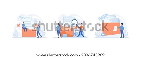 Workers searching file,  Storage and indexing of information,  data management and protection. Storage set flat vector modern illustration 