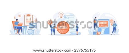  Paying utility bills online. Invoice and electricity meter.  Paying utilities together. Utility bills set flat vector modern illustration   
