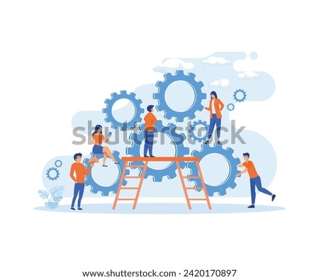 Business organization men and women with teamwork mechanism circle gear vector concept illustration. flat vector modern illustration 