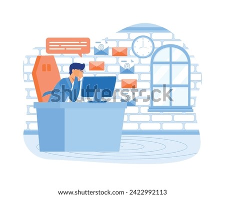 Information overload. Stressed person in info flood, reading multiple internet media, news and lot of online messages.  flat vector modern illustration 
