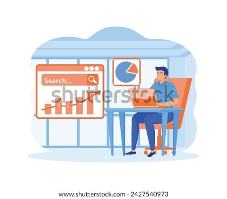 Seo analysis concept. Man analyzes data, adjusts search results, raises rating, increases traffic, works at laptop. flat vector modern illustration 