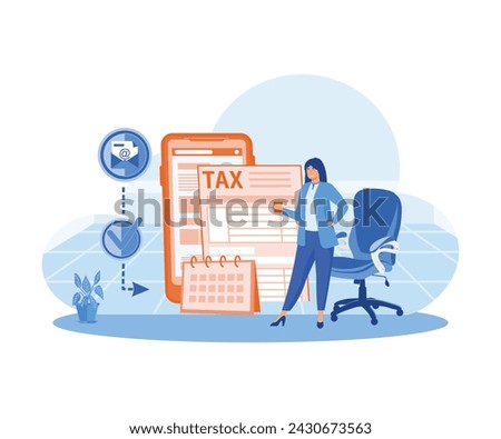 A woman uses a tax calendar to fill out taxes. Taxation planning concept. flat vector modern illustration 
