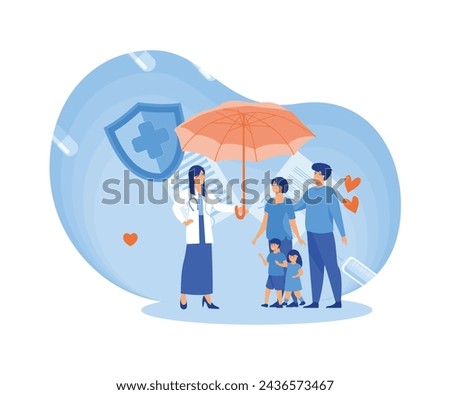 Doctor and Patients in Hospital filling Health and Life Insurance Policy Contract. Doctor holding Umbrella over Family to Protect from Accident. Health Care Concept. flat vector modern illustration