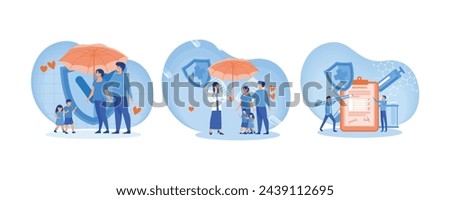 Family standing under insurance umbrella together. Doctor and Patients in Hospital filling Health and Life Insurance Policy Contract. Man fills out health insurance. 