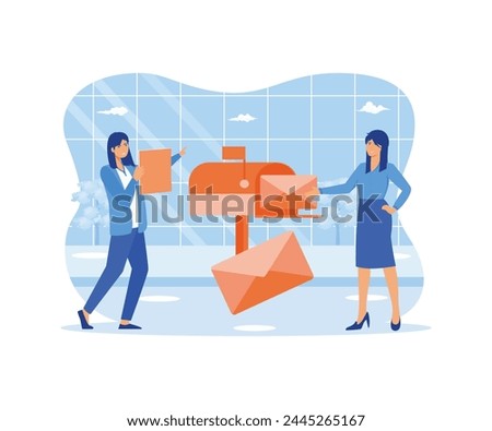 Women getting mail from mailbox. People reading newsletter or social news. Marketing and mail service for business concept. flat vector modern illustration