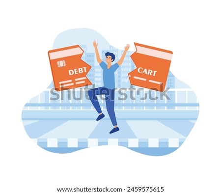 Trap of credit card debt concept. young man happy after paying off credit card debt. flat vector modern illustration 