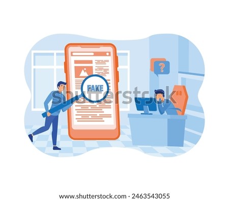 Fake news. Man with magnifying glass scanning and check news on smartphone. Disinformation, propaganda on online news media. flat vector modern illustration 