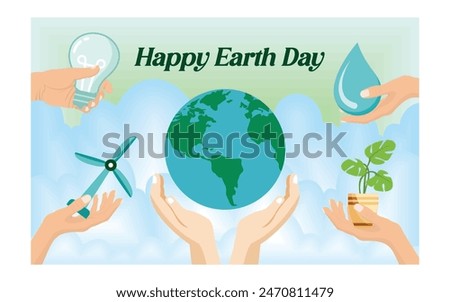 Earth Day Concept. Human Hands Holding Globe. Sprout Wind Power Wheel Water, And Light Bulb. flat vector modern illustration 