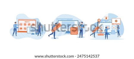 Menu Smart TV on laptop. Tiny people watch video with remote control and television multimedia box. Smart tv technology with tiny people concept. Set flat vector modern illustration