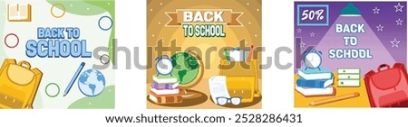 Back to school. Greeting text with backpack school bag and educational elements. Stack of books with alarm clock. Back to school with school supplies. Set flat vector modern illustration 