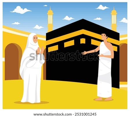 Islamic Hajj. Muslims perform the Islamic Hajj Pilgrimage. Male and Female Hajj figures wearing ihram clothing. flat vector modern illustration 