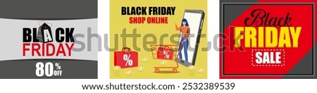 Black Friday logo for advertising. Woman with shopping cart buying gifts, online gifts in store or shopping via mobile app. Black friday sale banner with discount. Set flat vector modern illustration 