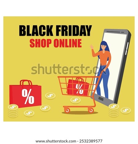 Woman with shopping cart buying gifts, online gifts in store or shopping via mobile app. Sale concept, special coupon discount for web banner. flat vector modern illustration 