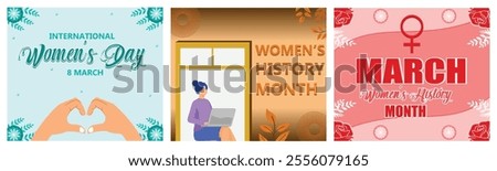 Heart hands sign. Celebrating Women History Month With Laptop User. Celebration Design With Floral Motifs. Set flat vector modern illustration  