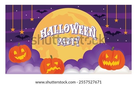 A vibrant and spooky Halloween party invitation featuring glowing jack o lanterns, a full moon. Perfect for setting a festive and eerie atmosphere for any Halloween celebration. 