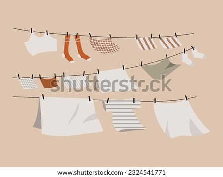 vector illustration of t-shirt fabric socks towels bed linen clothes drying in the sun
