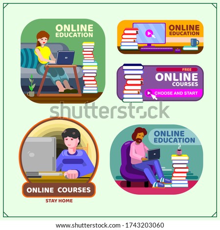 Stay at home. Online education, distance learning during coronavirus. Vector flat style Illustration.