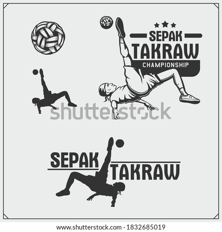 Vector set of Sepak Takraw emblems and labels. Athletes illustrations and silhouettes.