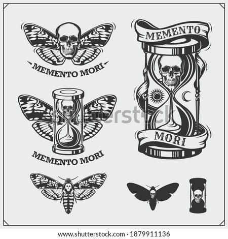 Memento mori. Hourglass, butterfly and skull. Brevity of human life. Print design for t-shirt.