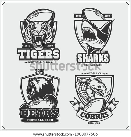 Football badges, labels and design elements. Sport club emblems with bear, shark, tiger and cobra.