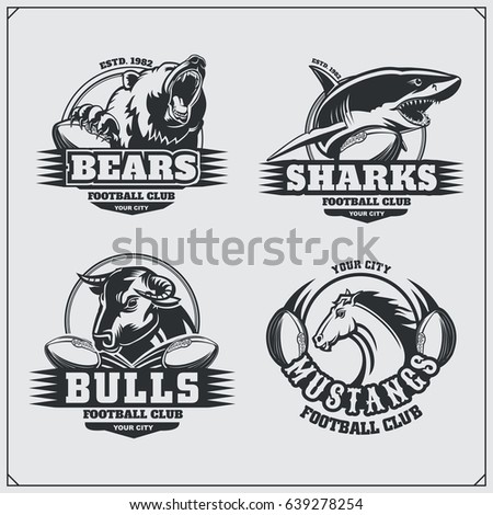 Football badges, labels and design elements. Sport club emblems with bear, shark, bull and horse.