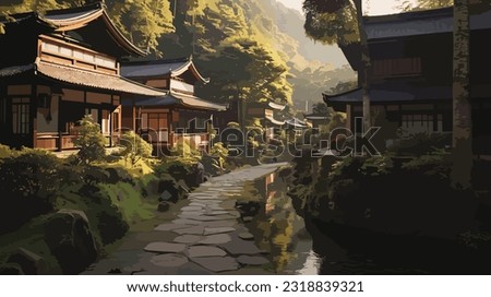 Enchanting Japanese Village Vector Art High-Resolution Images Showcasing Serene Landscapes and Traditional Culture with Authenticity