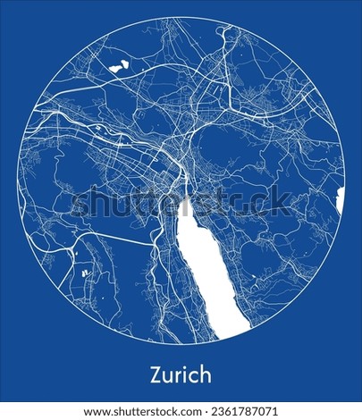 Zurich Switzerland Europe City Map blue print round Circle vector illustration