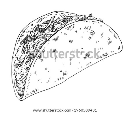Taco. Mexican traditional food. Vintage monochrome black vector hatching illustration isolated on white background. Hand drawn design