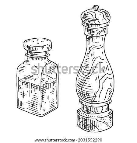 Wood pepper mill and glass salt shaker. Vintage vector hatching black engrave illustration. Isolated on white background. Hand drawn design