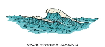 Sea waves. Vintage vector engraving color illustration. Isolated on white background. Hand drawn hatching