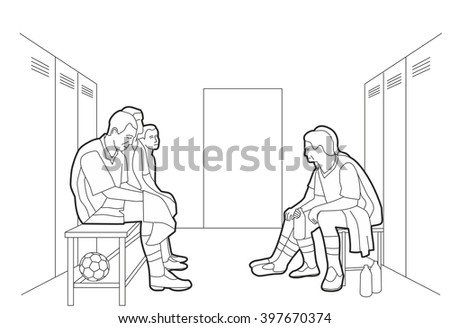 Team sits in the locker room. Vector black illustration on white background
