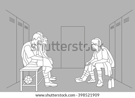 Team sits in the locker room. Vector black illustration on gray background
