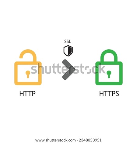 The HTTP and HTTPS protocols. SSL certificate for the site. Vector illustrations.
