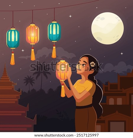 Girl Lighting Lanterns Thadingyut fullmoon