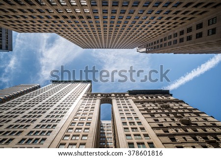 Looking up Lower Manhattan skyscrapers, New York City Stock fotó © 