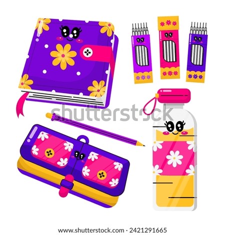 A set of modern back-to-school-themed stickers. Pack of trendy vectors.Book and pencilcase vector element