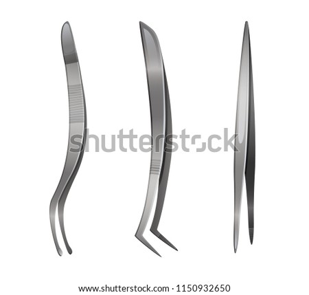 Set of steel tweezers isolated on white