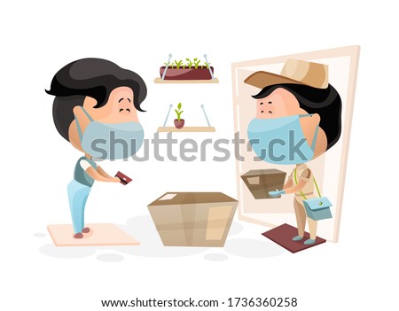 Getting an order from a courier. Safe delivery concept, people in medical masks. Courier gives delivered cardboard boxes in the doors. Vector illustration in cartoon style