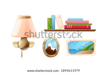 Set of interior objects for wall - sconce, photoframes, bookshelf with a stack of books. Vector illustration isolated on white, cartoon objects