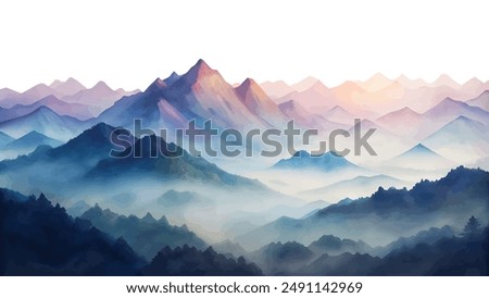 A beautiful watercolor painting showcasing a serene and misty mountain range at dawn, evoking calmness and tranquility.
