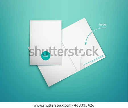 Realistic closed and open white presentation folder on a turquoise background with shadows. Vector illustration of corporate folder. Realistic mock-up.